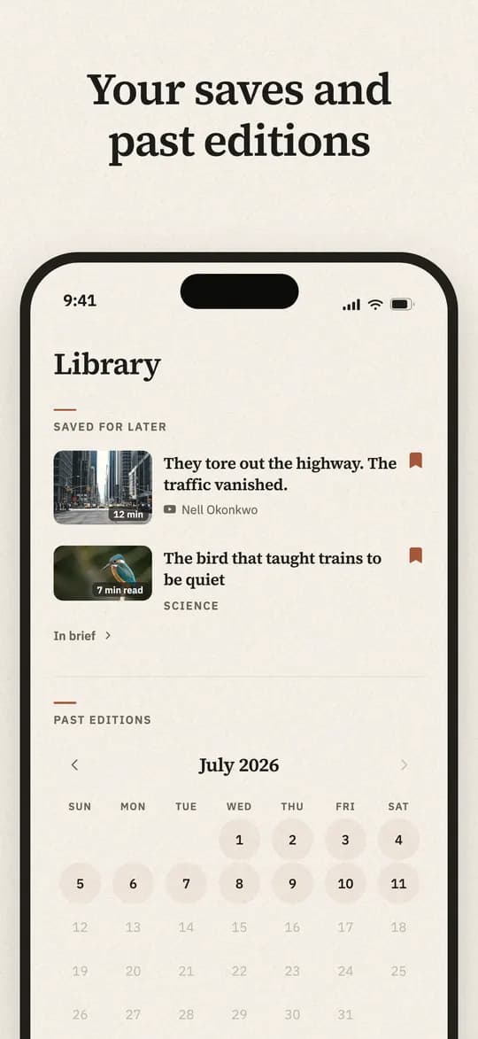 The library, holding saved pieces and every past edition